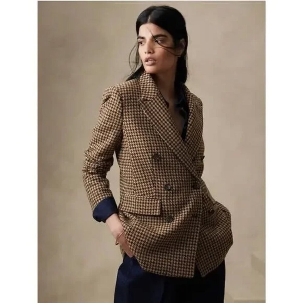 NWT Banana Republic Modern Wool Blazer Brown Houndstooth Size 16